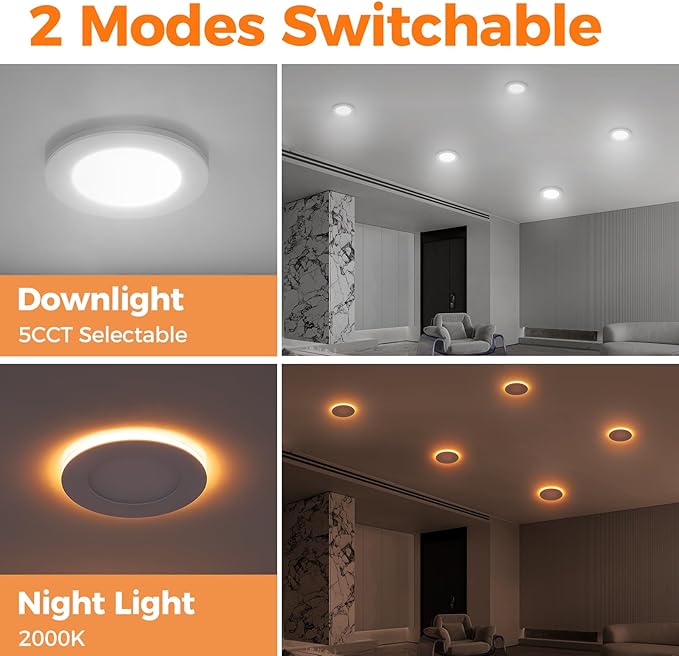 24 Pack 4 Inch Led Recessed Lights with Night Light, Canless Ultra Thin Wafer Soffit Recessed Lighting Downlight, Dimmable & 5 Color Temperature Selectable, 9W, ETL, White