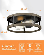 EAPUDUN Farmhouse Flush Mount Ceiling Light, 13" Imitation Wood 2-Light Fixture, Retro Style Lamp for Hallway, Entryway, Bedroom, Kitchen, Dining Room (FMA1138-FBDT)