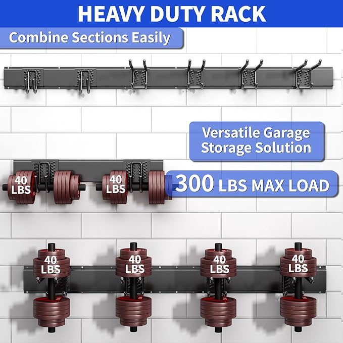 Garage Wall Organizer Wall Mount, 48inch Heavy Duty Garden Tool organizer Storage System, Easy Install With 6 Adjustable Hooks, For Garage, Basement, Shed, Workshop(Black)