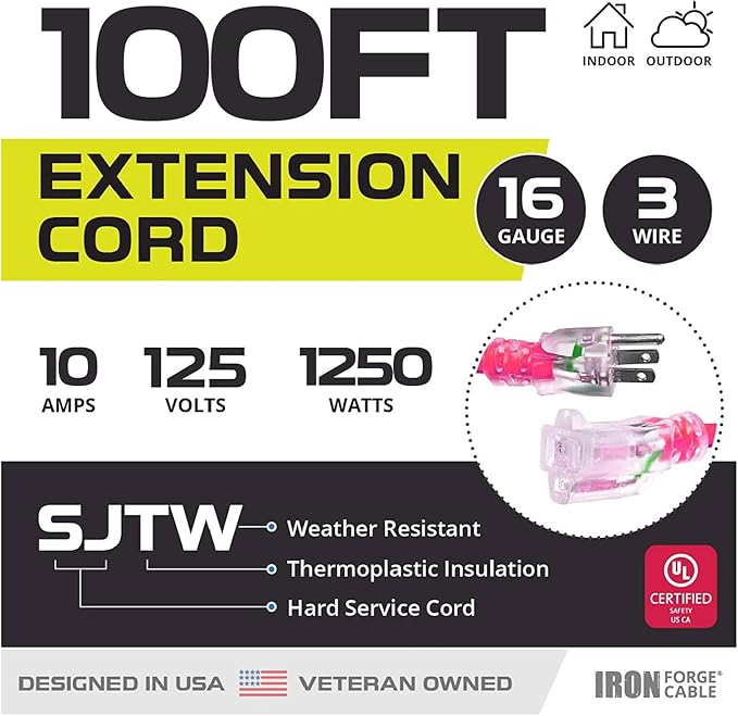 Iron Forge Cable Weatherproof 100 Ft Outdoor Extension Cord - 16/3 SJTW 10 Amp Heavy Duty Neon Pink Extension Cord 3 Prong - Lighted End
