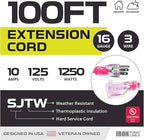 Iron Forge Cable Weatherproof 100 Ft Outdoor Extension Cord - 16/3 SJTW 10 Amp Heavy Duty Neon Pink Extension Cord 3 Prong - Lighted End
