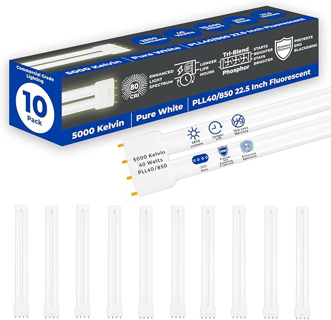 GoodBulb PLL40/850 40W 22.5" Twin Tube Compact Fluorescent Light Bulb 4-pin 2G11 Base 5000K Daylight 2800 Lumen 36000 Hour Long Life Biax Pack of 10