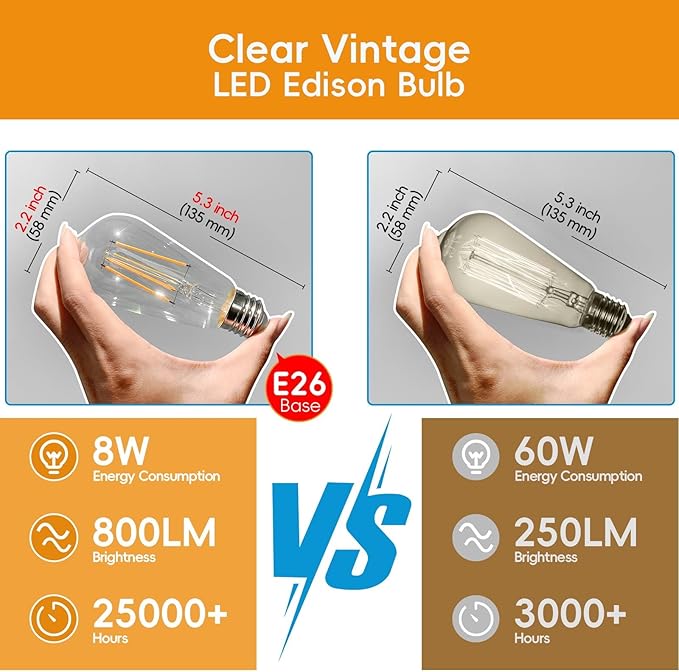 Jensense Edison LED Light Bulbs 8Watt Dimmable, 2700K Warm White, E26 Base, 60watt Equivalent, Vintage Bulbs 800lm CRI 90 Clear Glass, 64 Pack