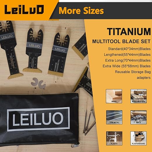 LEILUO 20 Piece Titanium Multitool Blade Set Extra Longer & Wider Oscillating Saw Blades Kit for Wood Nails Thin Metal Storage Bag Included