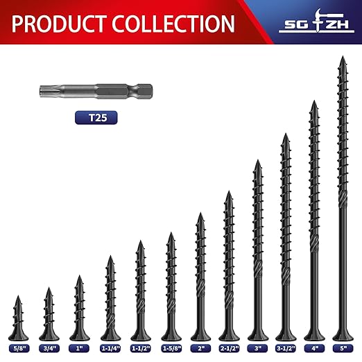 #8 x 1-5/8" Deck Screws (616Pcs) 4lb. Carbon Steel, Black, Flat Head, Rust Resistant epoxy Coated, with T25 Star Bit
