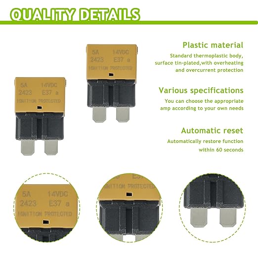 5A DC 12V-14V Auto Reset Circuit Breaker ATC/ATO Low Profile T1 Mini Blade Fuses Breakers for Car Trucks Marine Boat RV Solar and More,2 Pack
