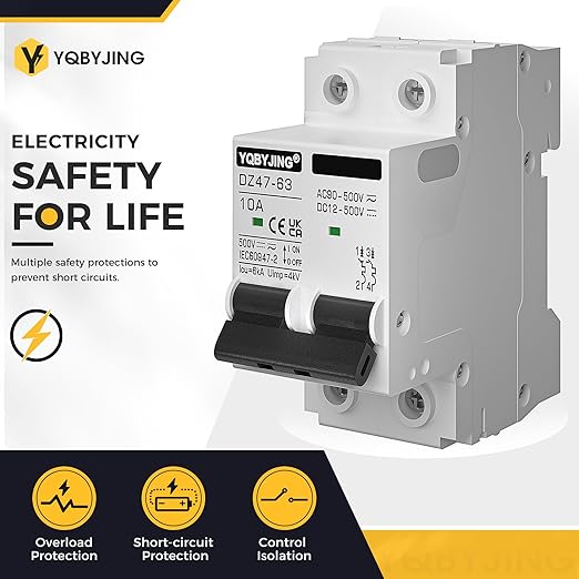 DC Circuit Breaker 10 Amp Solar Panel Disconnect Switch 12V-500V 2 Poles Miniature Solar Circuit Breaker for Outdoor PV Homes Battery, AC 110V DIN Rail MCB