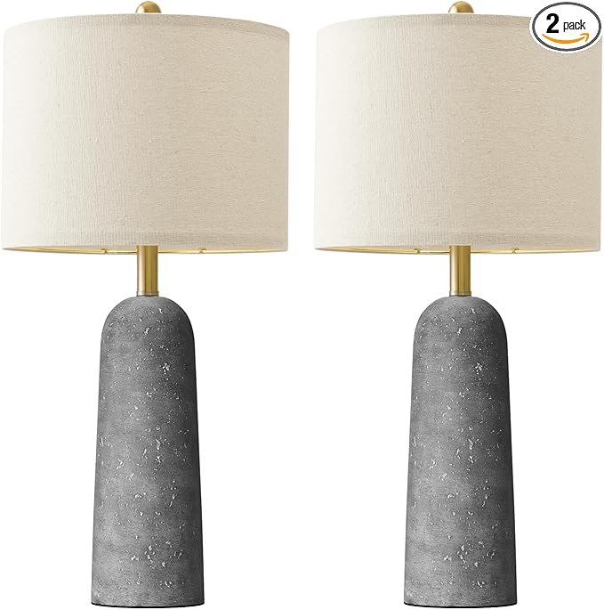 BOBOMOMO 27.25" Travertine Lamp Set of 2, Modern Lamps for Living Room with Linen Shades, Gray Resin Table Lamp with Natural Stone Look, Nightstand Lamp for Bedroom, Living Room, Entryway