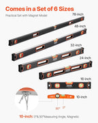 VEVOR 6-Piece Torpedo Level, 78/48/32/24/16/10 Inch Box Levels Set, Bubble Vials Ruler for 45/90/180 Degree, Shock-Proof Aluminum Alloy Magnetic Leveler Tool, SAE/Metric Scale(Only 10-inch has magnet)