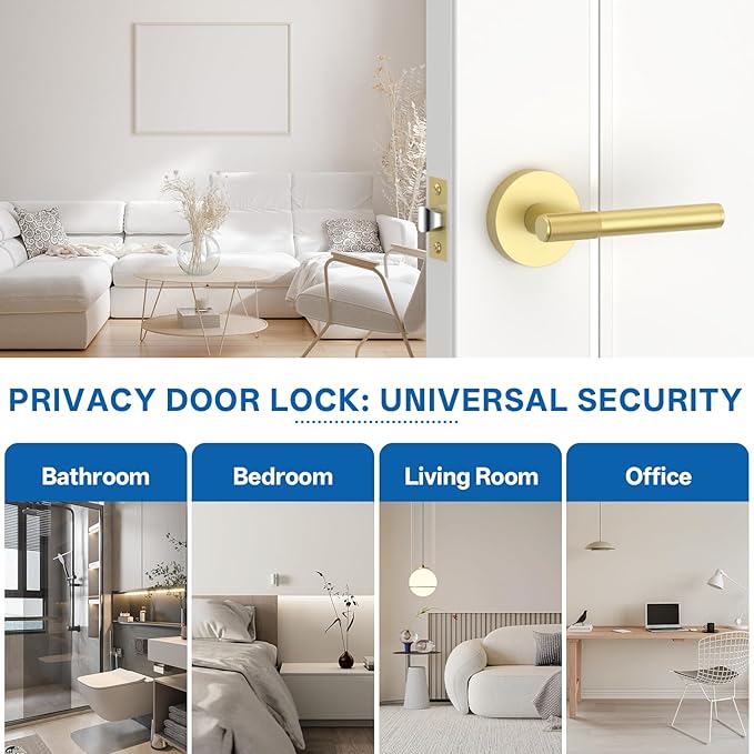 Amerdeco 1 Pack Brushed Gold Door Handles Interior, Knurled Passage Door Handles,Gold Door Lever for Bedroom or Bathroom,Reversible Keyless for Left Right Handed Doors AM0027