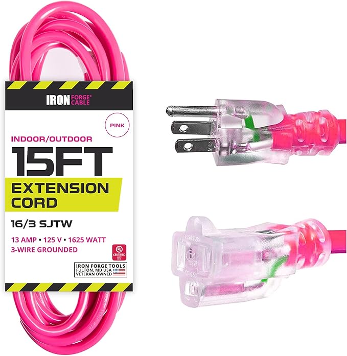 Iron Forge Cable Weatherproof 15 Ft Outdoor Extension Cord - 16/3 SJTW 13 Amp Heavy Duty Neon Pink Extension Cord 3 Prong - Lighted End