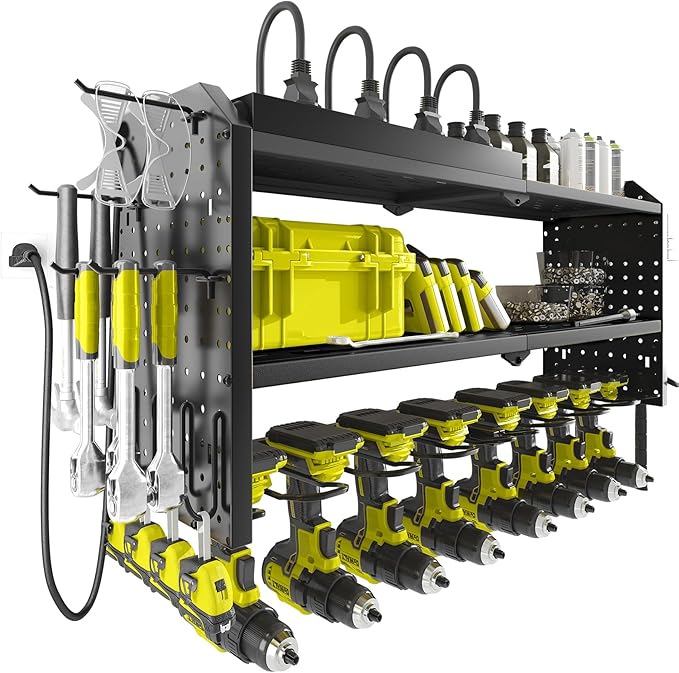 Warome Garage Power Tool Organizer with 8-Outlet Power Strip, Tool Storage Rack Wall Mount with 8 Cordless Drill Holders, Tool Organization Shelf with Charging Station in Black