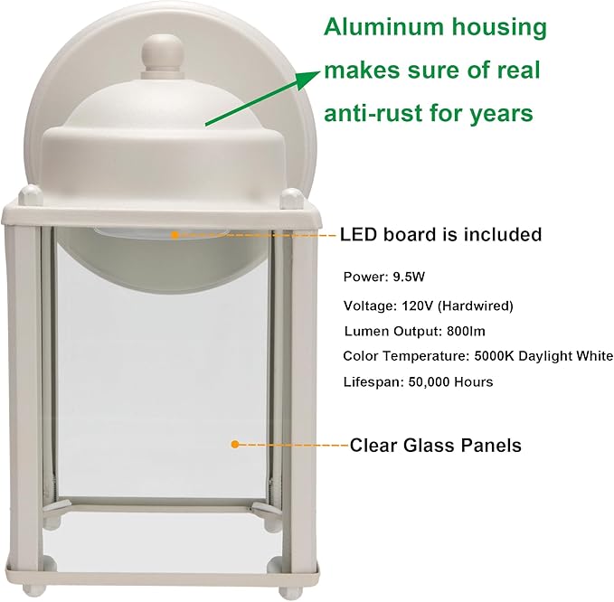 LIT-PaTH Outdoor LED Wall Lantern, Wall Sconce Porch Lighting Fixture, 3000K Warm White, 9.5W 800 Lumen, Aluminum Housing Plus Glass, White Finish-2 Pack