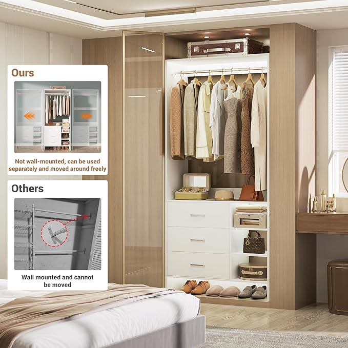 Aheaplus 2.5FT Closet System with 3 Drawers, 29.5’’ Closet Organizer, Wood Closet Organizer System, Walk-in Closet or Small Closets Wardrobe, Clothes Rack with Hanging Rods,-E6, White