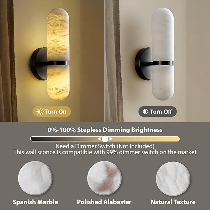 Alabaster Wall Sconces Set of Two, 13in Black Alabaster Sconce, Modern Spanish Natural Marble Sconces Lights, Sconces for Bathroom Vanity Bedroom Living Room Staircases Hallway