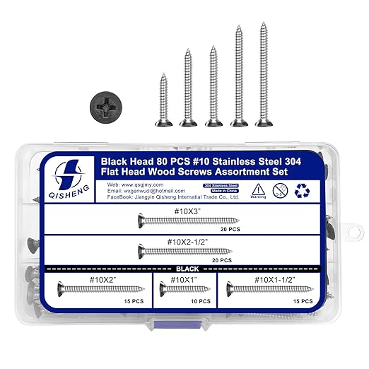 QISHENG 80 PCS Black Head #10 Stainless Steel Phillips Flat Head Wood Screws Assortment Set,Stainless Steel 18-8 A2(304) Screw,Home Screw Kit