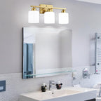 3 Light Gold Bathroom Light Fixtures, Modern Bathroom Vanity Lights with Milky White Frosted Glass Shades, Gold Vanity Mirror with Lights for Mirror Living Room E26 Base