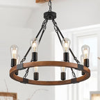Farmhouse Wooden Wagon Wheel Chandelier 8 Lights 23.6'' Rustic Black Metal Light Fixtures Vintage Wood Round Chandelier for Living Dining Room Kitchen Entryway Foyer