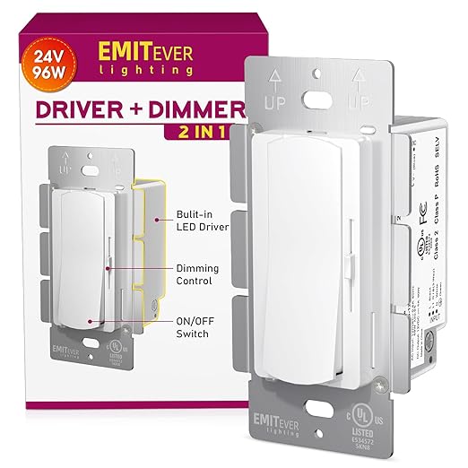 Dimmer Light Switch & 24V 96W Dimmable LED Driver 2 in 1, UL Listed Single-Pole or 3-Way Slide Dimmer Switches for Led Strip Lights,120VAC to 24VDC Power Supply for Low Voltage Project, Glossy White