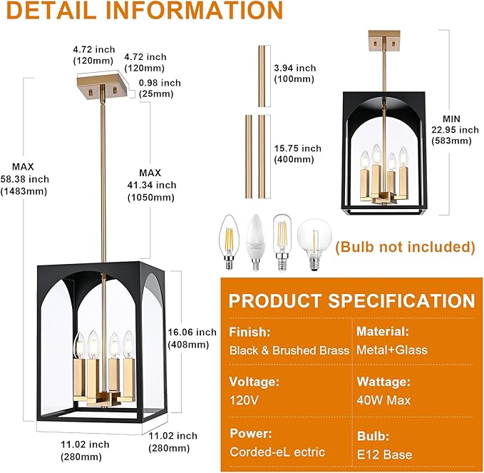 VINLUZ Outdoor 4 Lights in Black and Brushed Brass Finish, Metal Indoor Outdoor Pendant Hanging Lantern Lighting with Clear Glass Shade for Balcony Dining Room