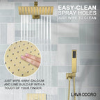 Lava Odoro Modern 3-Setting Square Shower and Tub Faucet Set with Shower Head and Handheld Sprayer Gold, Rainfall Shower System with Tub Spout, Shower Valve Trim Kit, Brushed Gold, SF103-SG-T