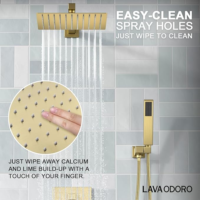Lava Odoro Modern 3-Setting Square Shower and Tub Faucet Set with Shower Head and Handheld Sprayer Gold, Rainfall Shower System with Tub Spout, Shower Valve Trim Kit, Brushed Gold, SF103-SG-T