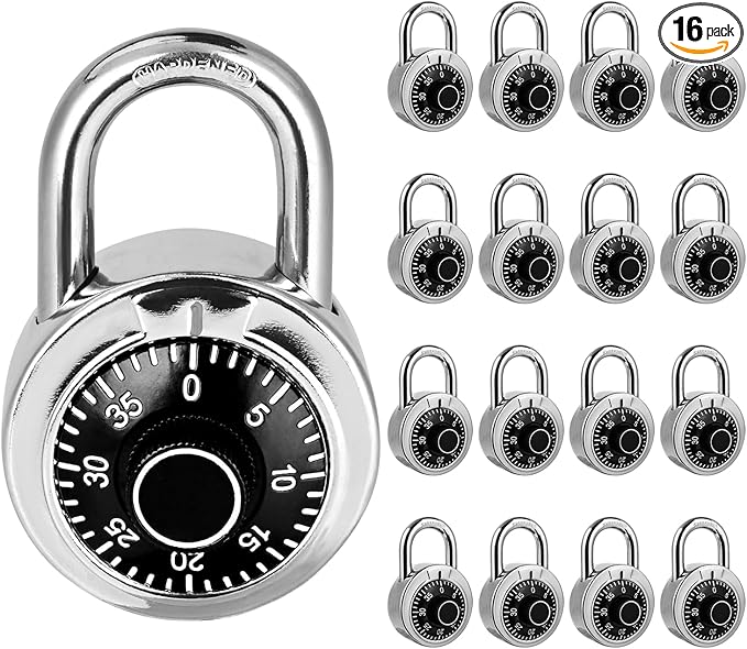 Combination Padlock 16 Pack, Fixed Dial Combination Padlock with Different Combinations, 2 in. Wide. Black Turntable, Lock for Gym & Locker, School, Toolbox, and More