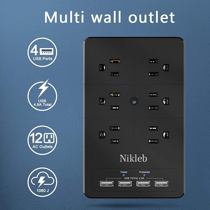 Surge Protector Nikleb, Wall Outlet with 4 USB Ports 5V 4.8A Total, 12 Multi Outlet Extender, Multiple USB Plug Adapter Wall Mount, Phone Chargier Organizer with Phone Holder, Heavy Duty