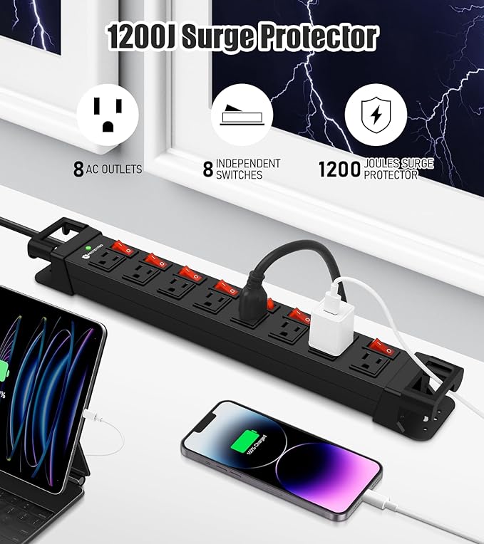 Heavy Duty Power Strip with Individual Switches,8 Outlets 14 Gauge Industrial Shop Garage Metal Multiple Outlets,1200J Surge Protector Mountable Power Strip,6FT Extension Cord Management(Black)