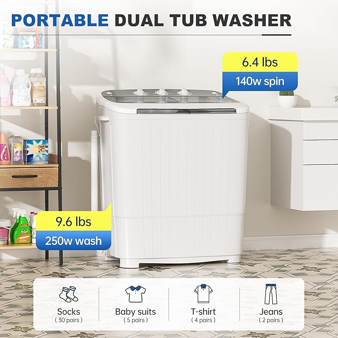 Superday Portable Washing Machine, 17.6lbs Mini Washing Machine and Spin Dryer Combo, Mini Twin Tub Laundry Machine for Camping, Apartments, Dorms, College Rooms, RV, Delicates, Grey
