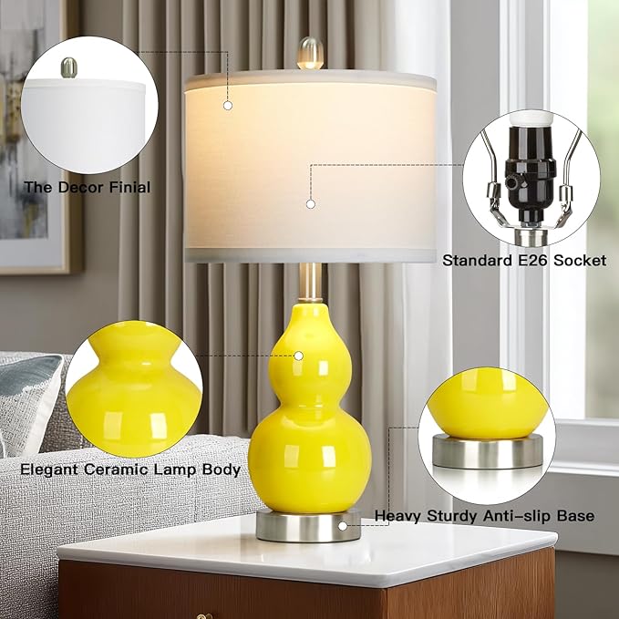 Double Gourd Ceramic Table Lamps Set of 2, Yellow Modern Bedside Lamps for Living Room, Contemporary Nightstand Desk Lamps for Bedroom End Table Home Office Decor(2 LED Bulbs Included)