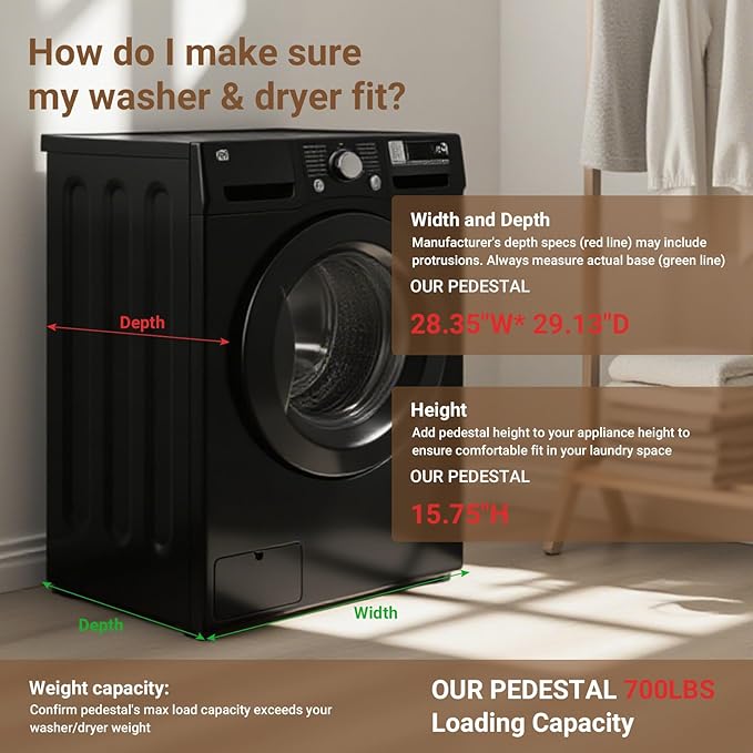 SKM Universal Washer and Dryer Pedestal Stand for 27" & 28" Machines | Heavy-Duty Steel, 700LB Capacity | 15.7" Height, Anti-Slip Design, Black