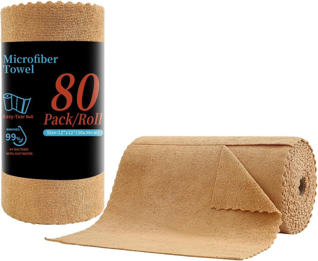 80 Pack Microfiber Cleaning Cloth Roll,Lint Free Rags & Tear Away Reusable Towels Washable Scratch,Ultra Absorbent Dish Rags(12" x 12") for Car Kitchen Home Garage-Dark Coffee