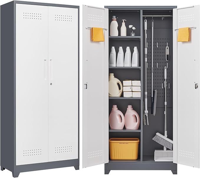 FLEXIMOUNTS 73'' Tall Metal Storage Cabinet with Locking Door, Large Cleaning Tool Organizer for Brooms, Garage, Laundry Room, Bathroom, Grey-White
