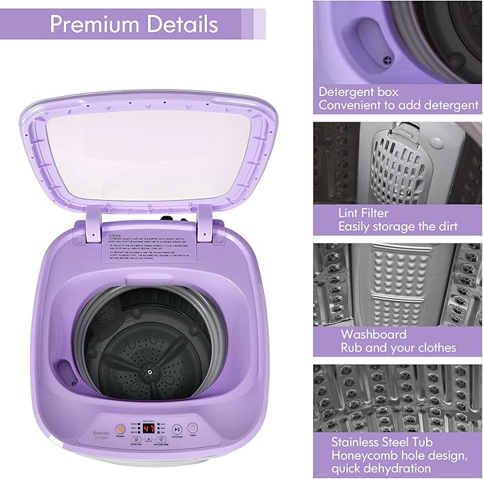 COSTWAY Portable Washing Machine, 8 Lbs Capacity, Built-in Drain Pump, Compact Laundry Washer with 6 Programs, 6 Water Levels, Child Lock, Full-Automatic washer for RV, Dorm, Apartment, Purple