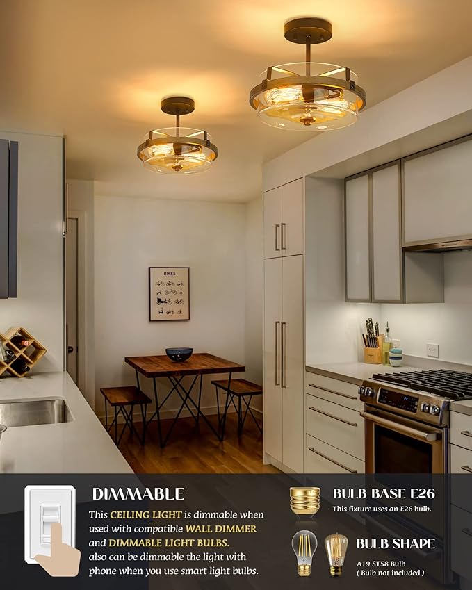 EAPUDUN Farmhouse Ceiling Light, Wooden Semi Flush Mount Ceiling Light Fixtures with Clear Glass Shade, Retro 2-Light Ceiling Lamp for Hallway Entryway Bedroom Kitchen Dining Room SMA1444-FBDT