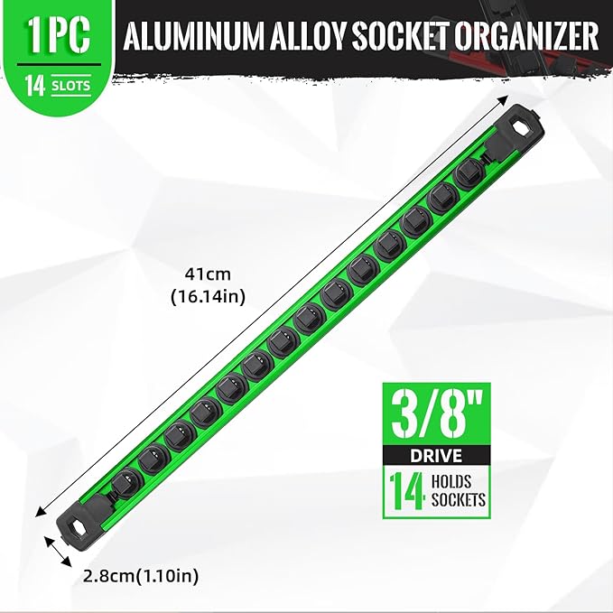 Magnetic Socket Organizer, 1-Piece Heavty Duty Aluminum Socket Holder, Socket Rail for Tool Box, Premium Quality 360° Swivel Socket Rack with 14 Clips for 3/8-Inch(Green)
