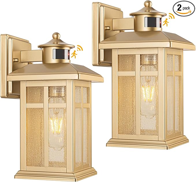 2-Pack Gold Exterior Motion Wall Sconces, Outdoor Waterproof Wall Light Fixtures Wall Mount, Dusk to Dawn Outside Lights for House with E26 Socket, Outside Lighting for Doorway, Garden, Home