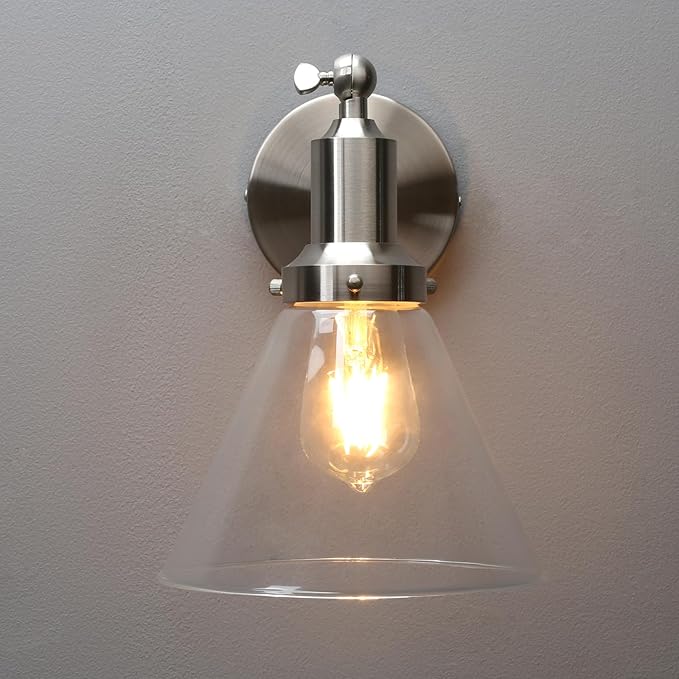 PERMO Industrial Vintage Slope Pole Wall Mount Single Sconce with Funnel Flared Clear Glass Shade Wall Sconce Light Lamp Fixture (Brushed)