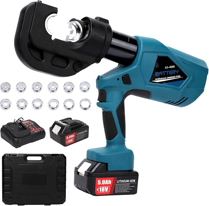 Electric Hydraulic Crimping Tool, 12Ton 6AWG-800MCM Rechargeable Hydraulic Cable Lug Crimper for Cu/Al Terminal, Continuously Crimp Wire Crimping Tool Kit with 12 Dies