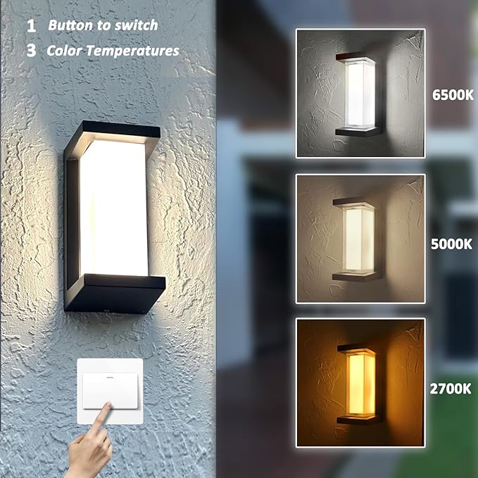 Outdoor Porch Lights 3000K 40000K 5000K 3 Colors Selectable, LED Outdoor Light Fixtures Wall Mount 2 Pack, Super Bright 1500lm Aluminum Exterior Lighting Fixtures for Outside House Front Door