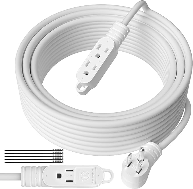 3 Prong Power Extension Cord with Multiple Outlets 50 FT, 16/3 Gauge Multi 3 Outlet Wire, 90 Degree Angled Male Plug, 16 AWG Grounded Wire (13A 125V 1625W), ETL Listed, White Cable with 25 Cable Ties