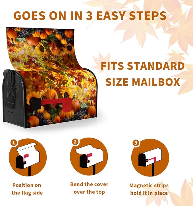 Fall Autumn Pumpkin Mailbox Covers Magnetic Standard Size 21x18 Inch Harvest Maple Leaves Letter Box Cover Fall Mailbox Post Box Wraps Yard Garden Decorations