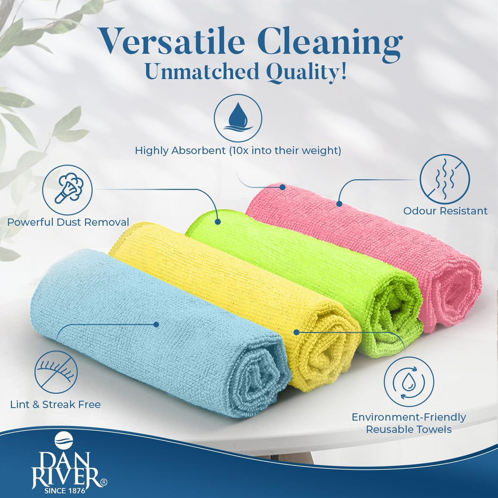 DAN RIVER 24-Pack Microfiber Towels – Ultra Absorbent, Lint-Free & Streak-Free Rags for Cleaning House, Car & Kitchen - Must-Have Cleaning Essentials - 12" x 12" - Assorted