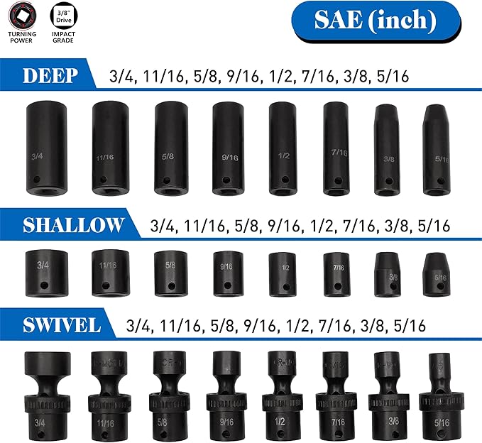 MacWork 67 Pieces 3/8“ Drive Impact Socket Set, SAE and Metric Sockets, CR-V & CR-Mo, Complete Socket Set with Shallow, Deep & Swivel Sockets, Includes Ratchet, Extension Bars & Adapters