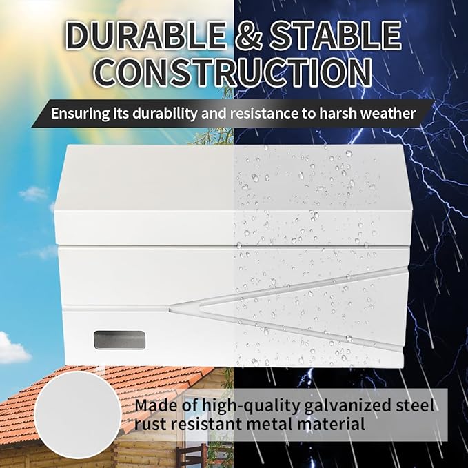 Wall Mount Mailbox, Large Capacity Mailbox for House, Visibility Galvanized Steel Rust-Proof Metal Post Box Drop, Mailboxes for Outside, 15.74"×9.84"×4.33" Solar Lanterns White