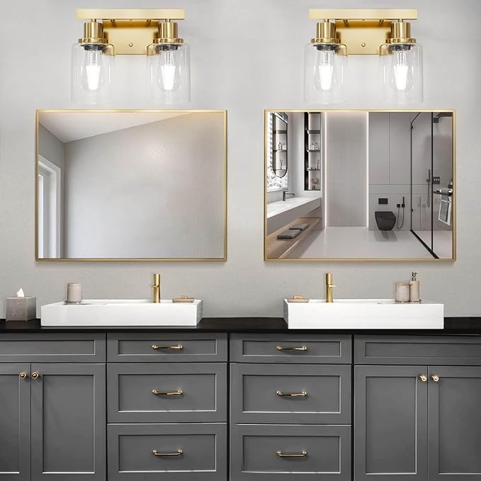 2-Light Brushed Gold Vanity Lights for Bathroom, Brushed Gold Bathroom Light Fixtures, Modern Vanity Lighting Over Mirror with Clear Glass Shade, Farmhouse Bath Wall Lamp for Mirror