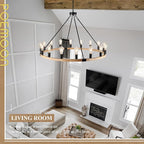 16-Light Wood Wagon Wheel Chandelier Farmhouse Natural, 43.3'' Black Metal Pendant Chandeliers Wooden Rustic Light Fixtures for High Ceiling Living Dining Room Foyer Entryway