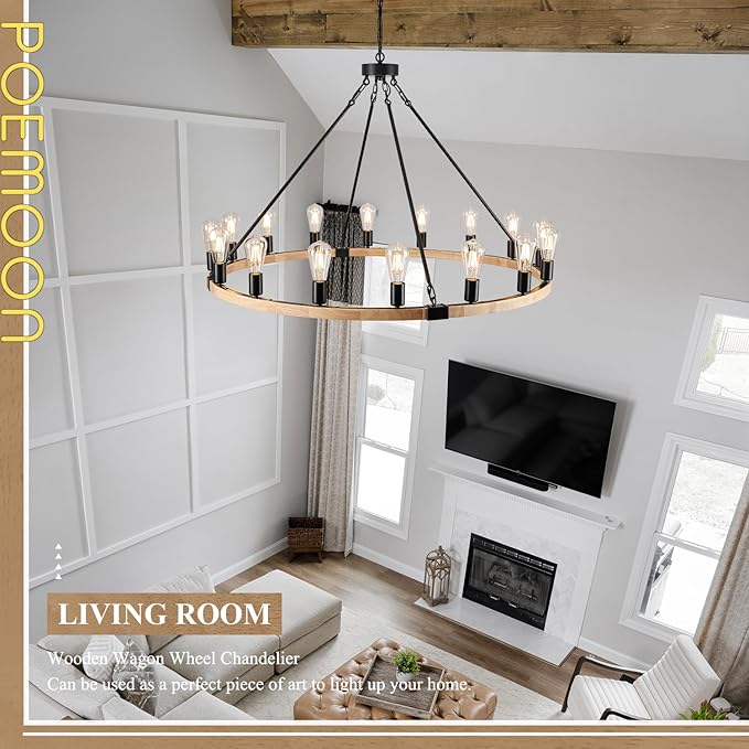 16-Light Wood Wagon Wheel Chandelier Farmhouse Natural, 43.3'' Black Metal Pendant Chandeliers Wooden Rustic Light Fixtures for High Ceiling Living Dining Room Foyer Entryway