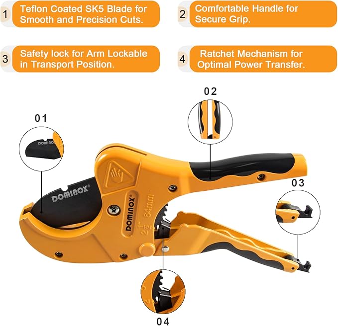 DOMINOX PVC Pipe Cutter, Cuts up to 2-1/2" PEX, PVC, PPR, Plastic Hoses& Plumbing Pipes,Ratchet PVC Cutter Tool with SK5 Blade and Aluminum Alloy Body